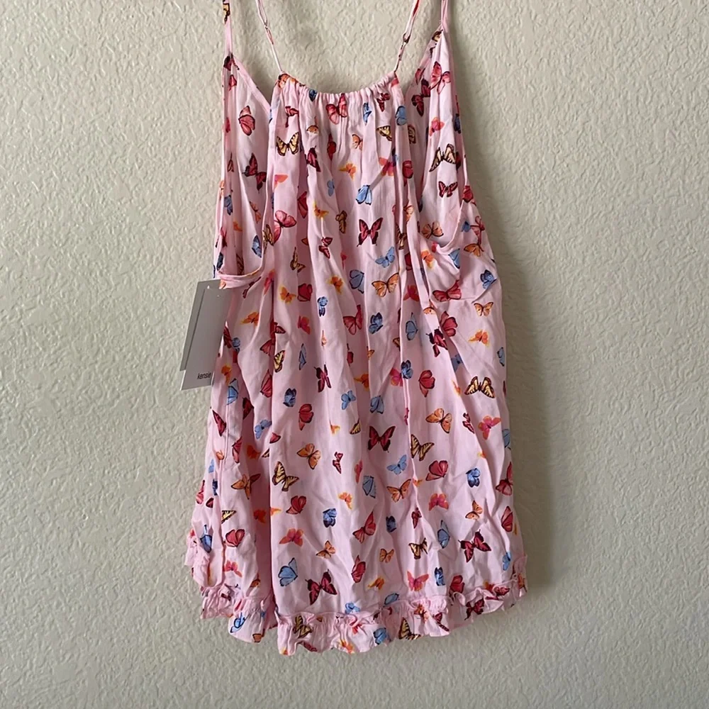 Kensie Camisole Top Scoop V Lounge Ruffle Tank Cottage Butterflies Pink